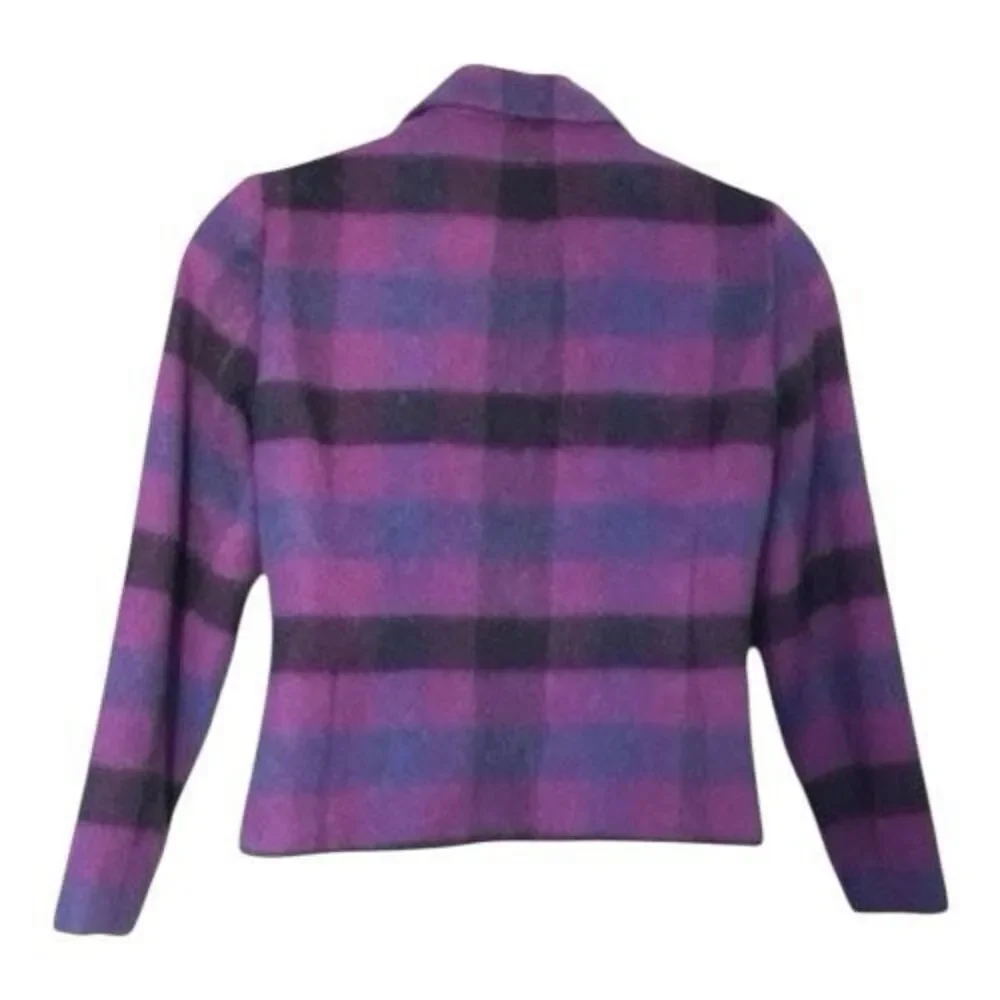 Dressbarn  Vintage Women Purple Plaid Retro Jacket Blazer Size 12 Wool Blend